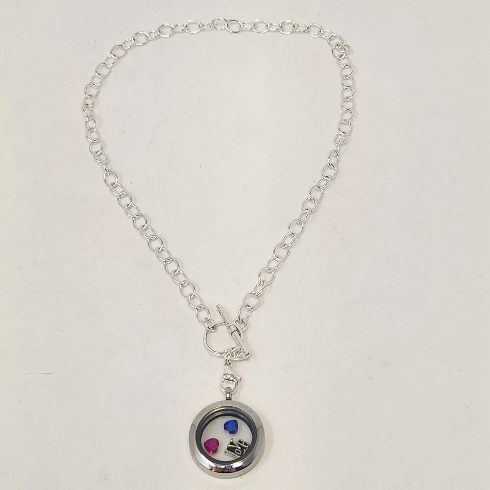 Origami Owl Floating Locket Silver Tone Cable Link Necklace Toggle Love Hearts